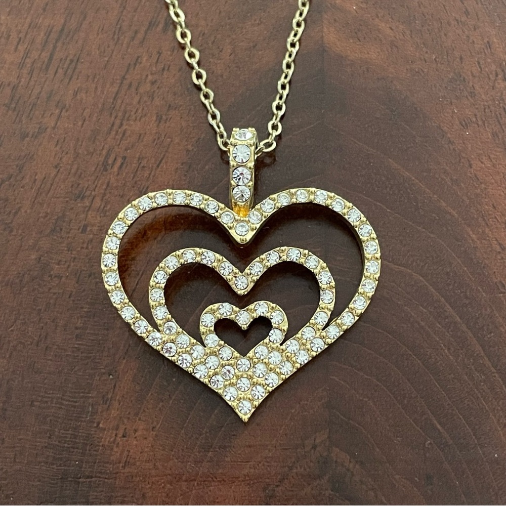 Vintage Nolan Miller Gold Tone & Pave Crystal Heart Pendant Necklace, 16” - 18”
